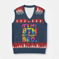 It is My 8th Birthday Bro Printed Tie Dye Graphic V-Neck Knit Sweater Vest 8 Years Old Bday Party Retro Hippie Rainbow