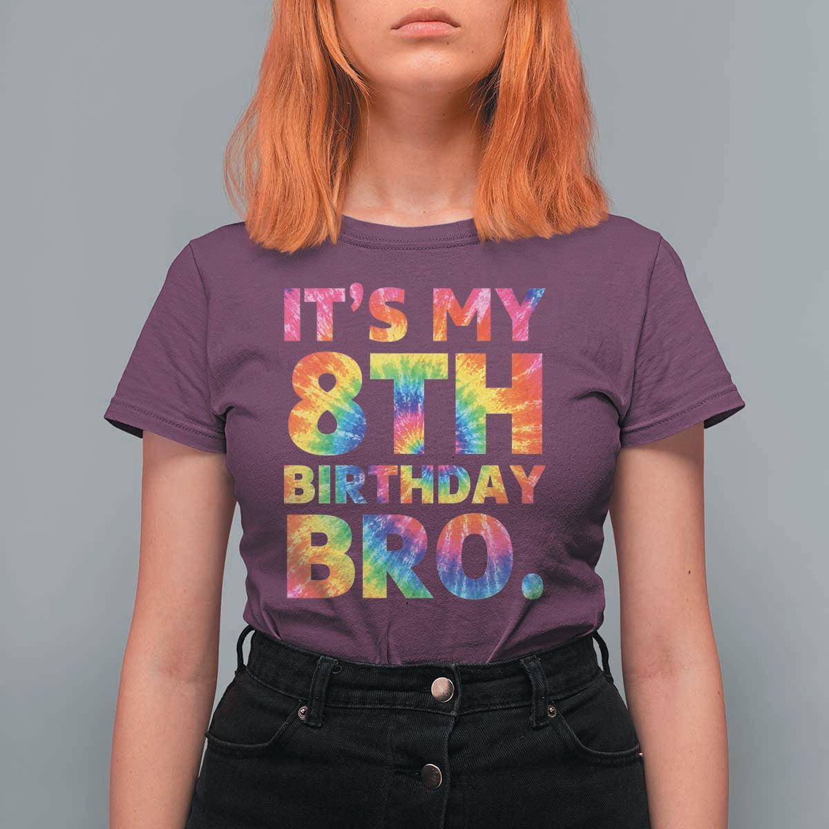 It is My 8th Birthday Bro Printed Tie Dye Graphic T Shirt For Women 8 Years Old Bday Party Retro Hippie Rainbow