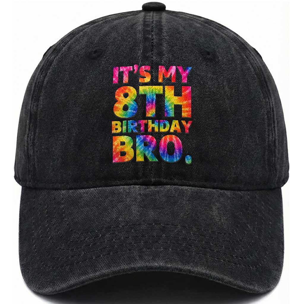 It is My 8th Birthday Bro Printed Tie Dye Graphic Washed Cotton Baseball Cap 8 Years Old Bday Party Retro Hippie Rainbow