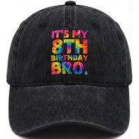 It is My 8th Birthday Bro Printed Tie Dye Graphic Washed Cotton Baseball Cap 8 Years Old Bday Party Retro Hippie Rainbow