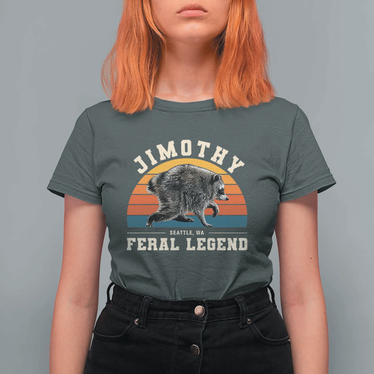 Jimothy from Seattle WA Feral Legend Raccoon T Shirt For Women Viral Trash Panda Vintage Sunset Arch Graphic