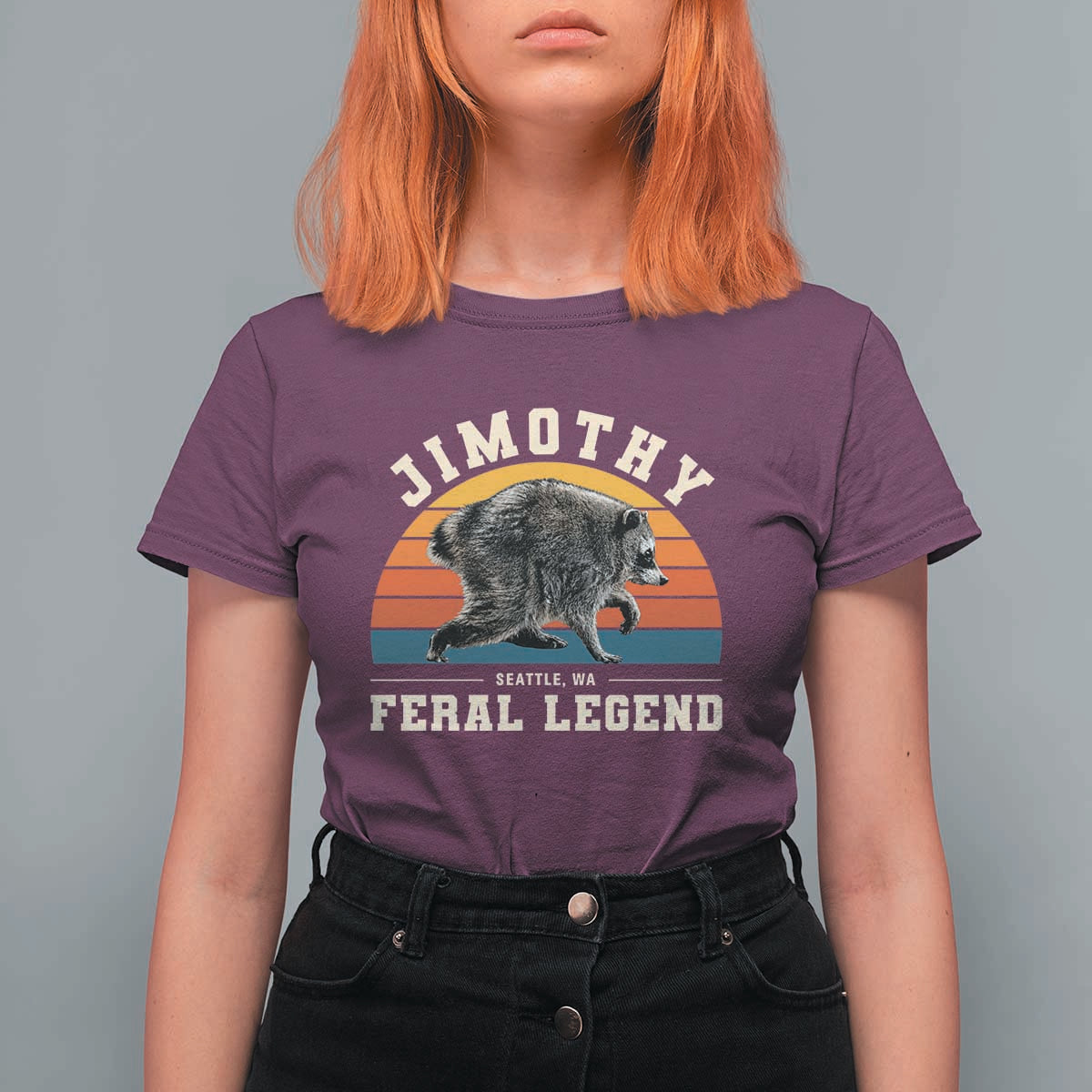 Jimothy from Seattle WA Feral Legend Raccoon T Shirt For Women Viral Trash Panda Vintage Sunset Arch Graphic