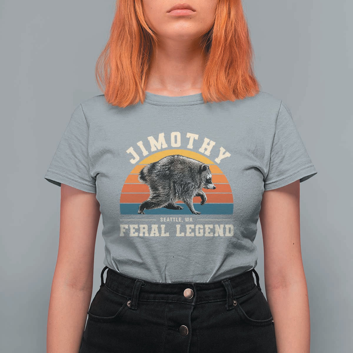 Jimothy from Seattle WA Feral Legend Raccoon T Shirt For Women Viral Trash Panda Vintage Sunset Arch Graphic