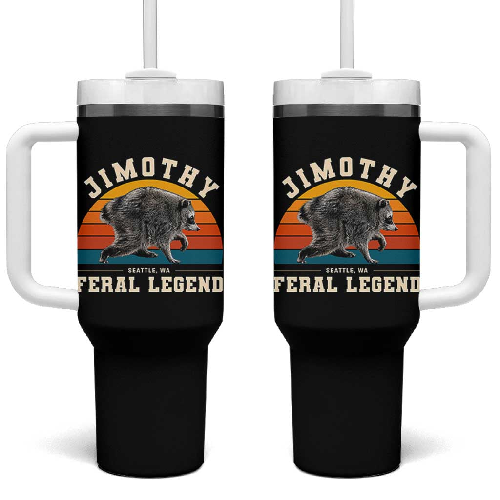 Jimothy from Seattle WA Feral Legend Raccoon Tumbler With Handle Viral Trash Panda Vintage Sunset Arch Graphic