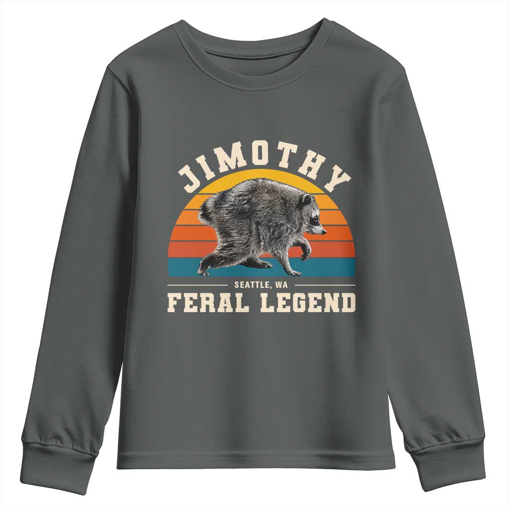 Jimothy from Seattle WA Feral Legend Raccoon Youth Sweatshirt Viral Trash Panda Vintage Sunset Arch Graphic