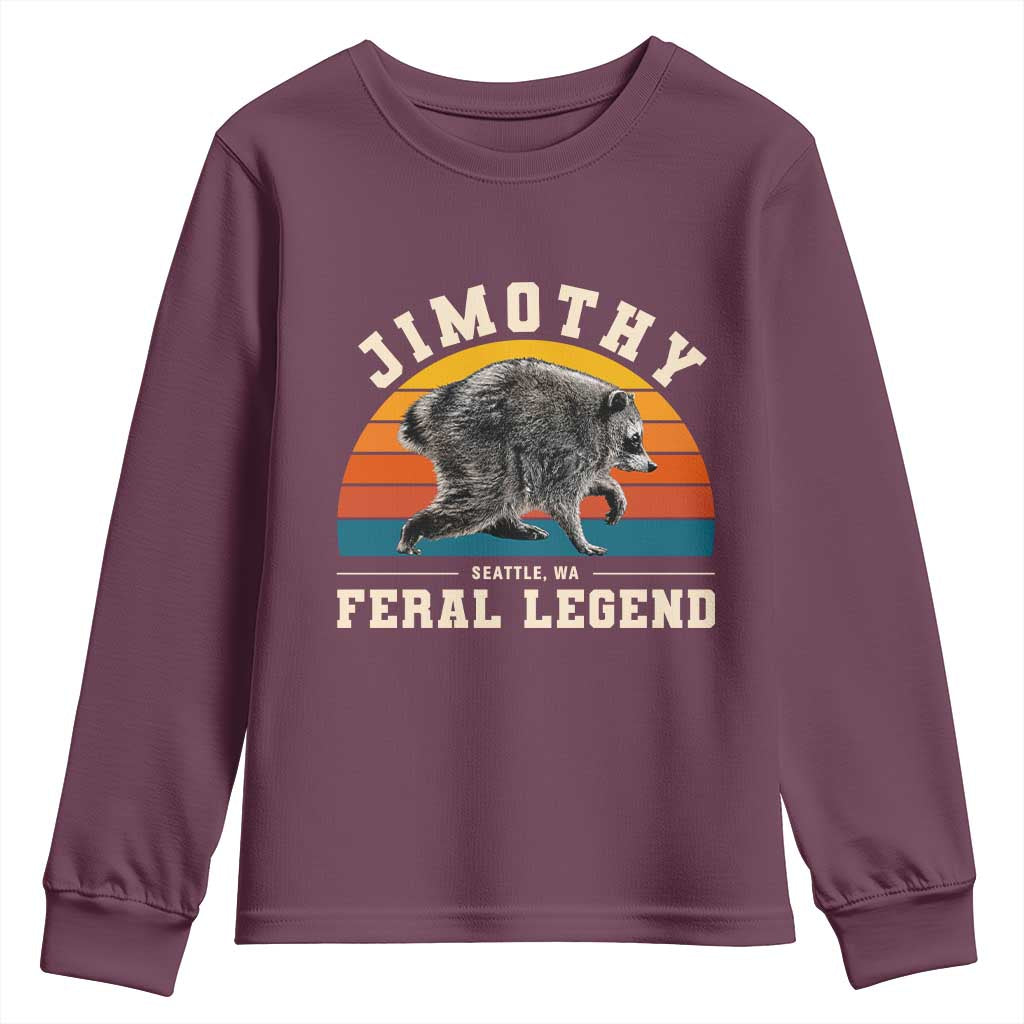 Jimothy from Seattle WA Feral Legend Raccoon Youth Sweatshirt Viral Trash Panda Vintage Sunset Arch Graphic