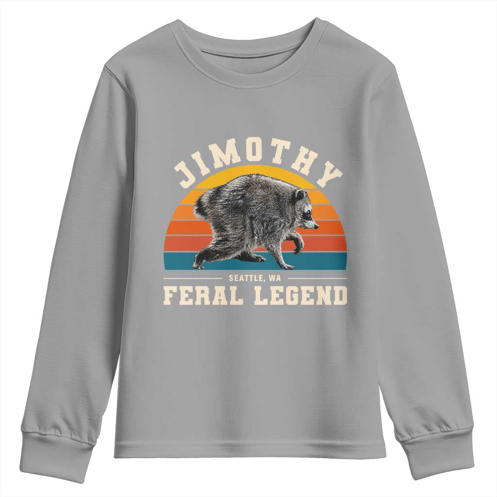 Jimothy from Seattle WA Feral Legend Raccoon Youth Sweatshirt Viral Trash Panda Vintage Sunset Arch Graphic