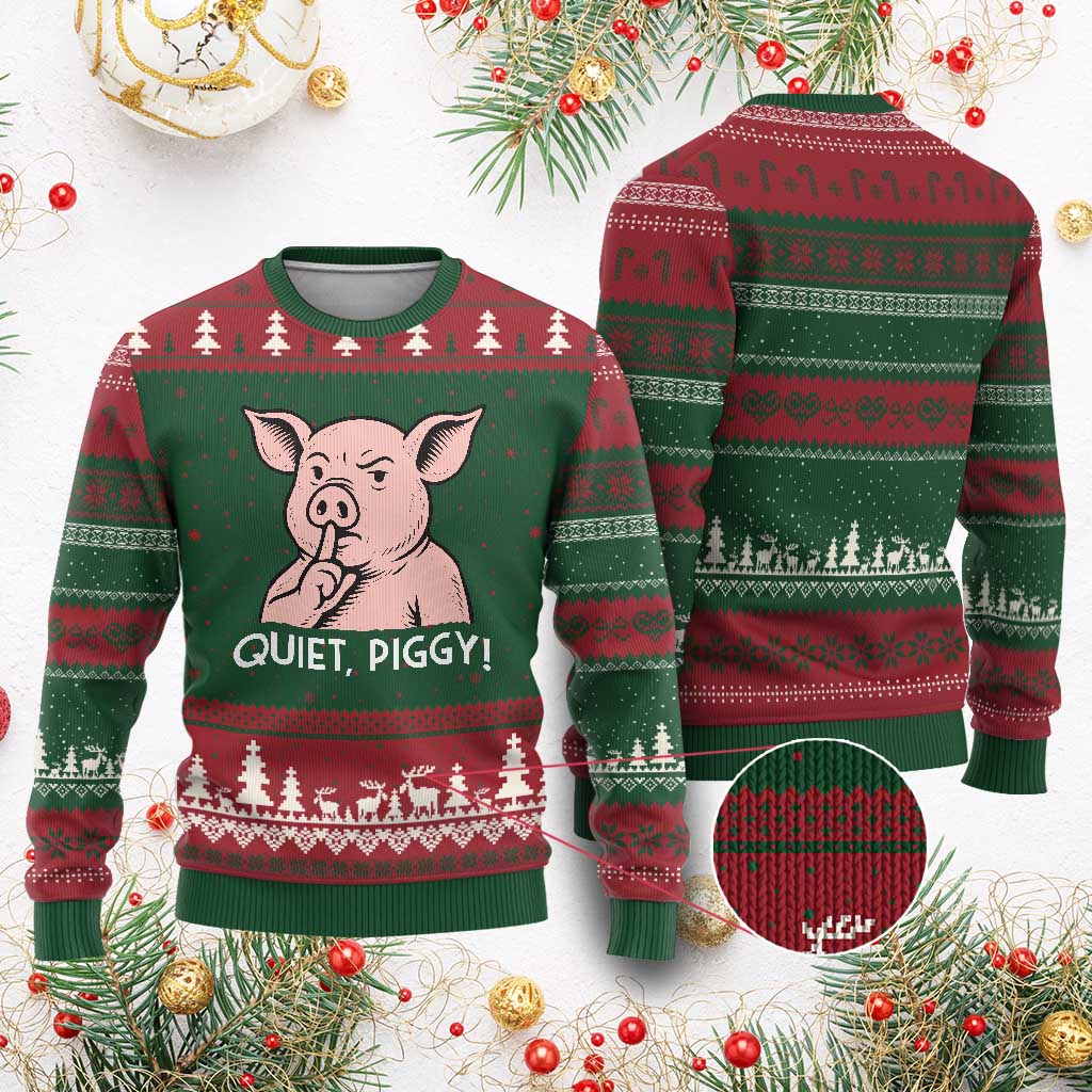 Quiet Piggy Funny Shushing Pig Ugly Christmas Sweater Funny Political Satire Cute Cartoon Animal Humor - Wonder Print Shop