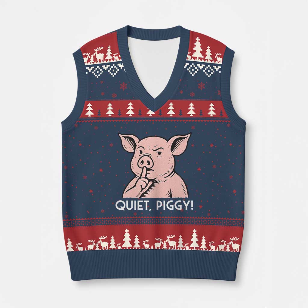 Quiet Piggy Funny Shushing Pig V-Neck Knit Sweater Vest Funny Political Satire Cute Cartoon Animal Humor - Wonder Print Shop