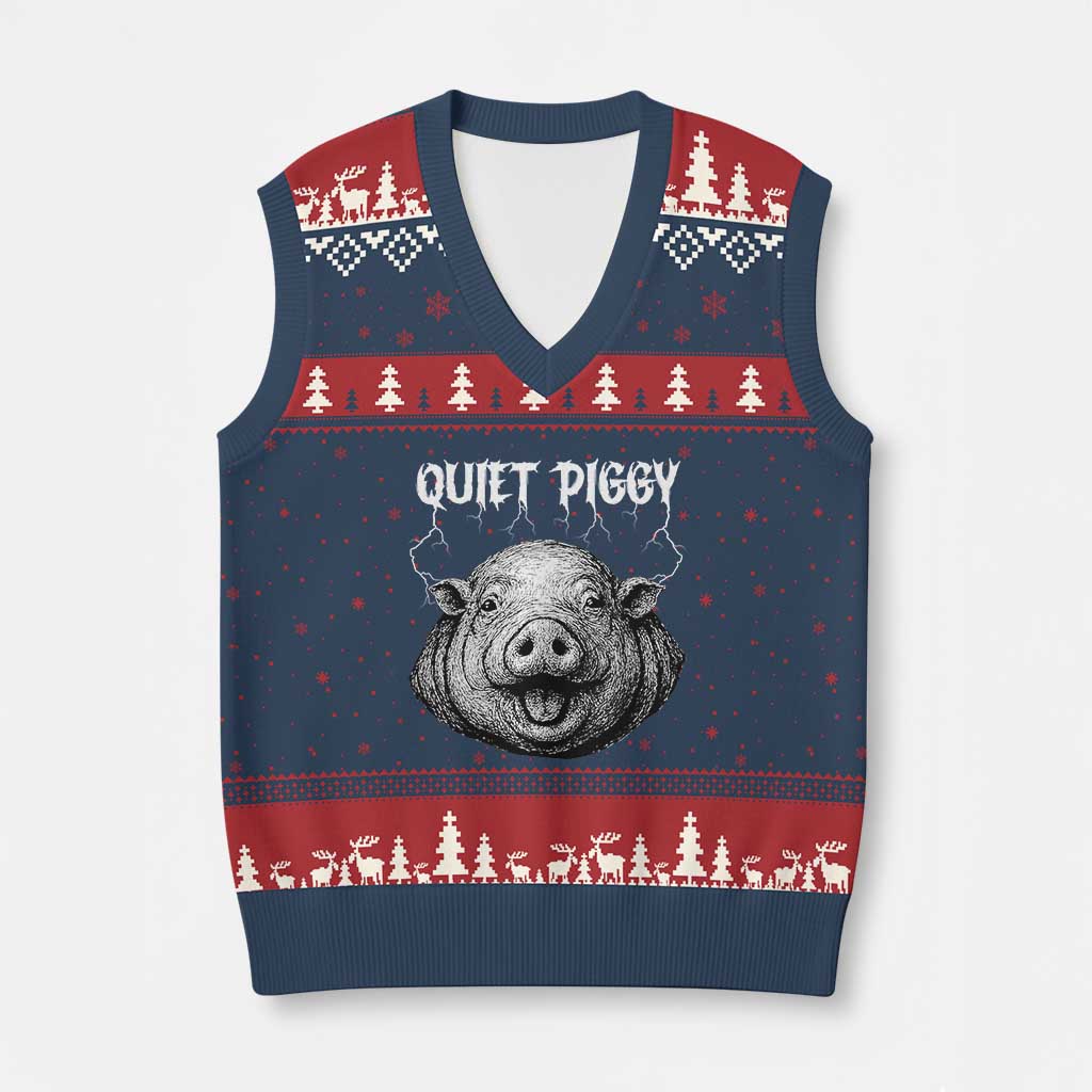 Quiet Piggy Metal Style V-Neck Knit Sweater Vest Dark Humor Pig Political Satire Humor Rock Aesthetic - Wonder Print Shop