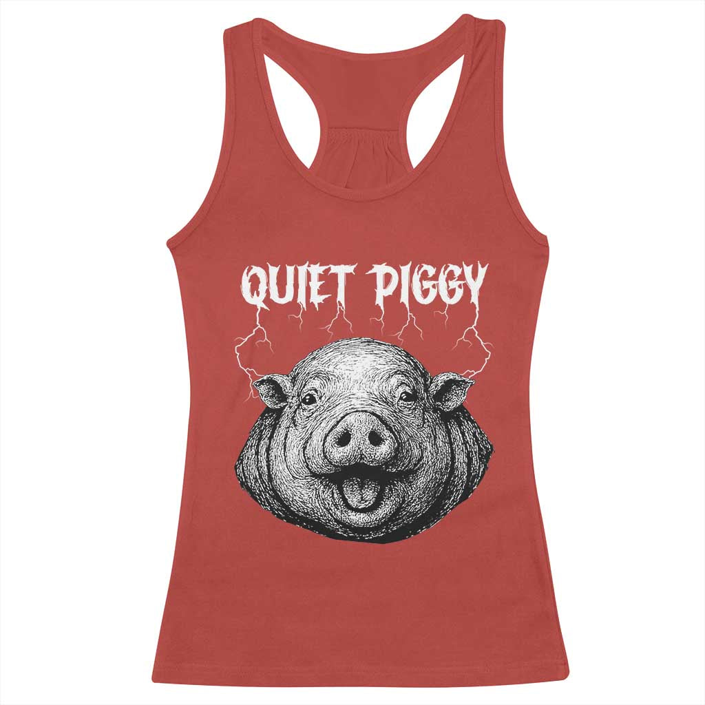 Quiet Piggy Metal Style Racerback Tank Top Dark Humor Pig Political Satire Humor Rock Aesthetic - Wonder Print Shop