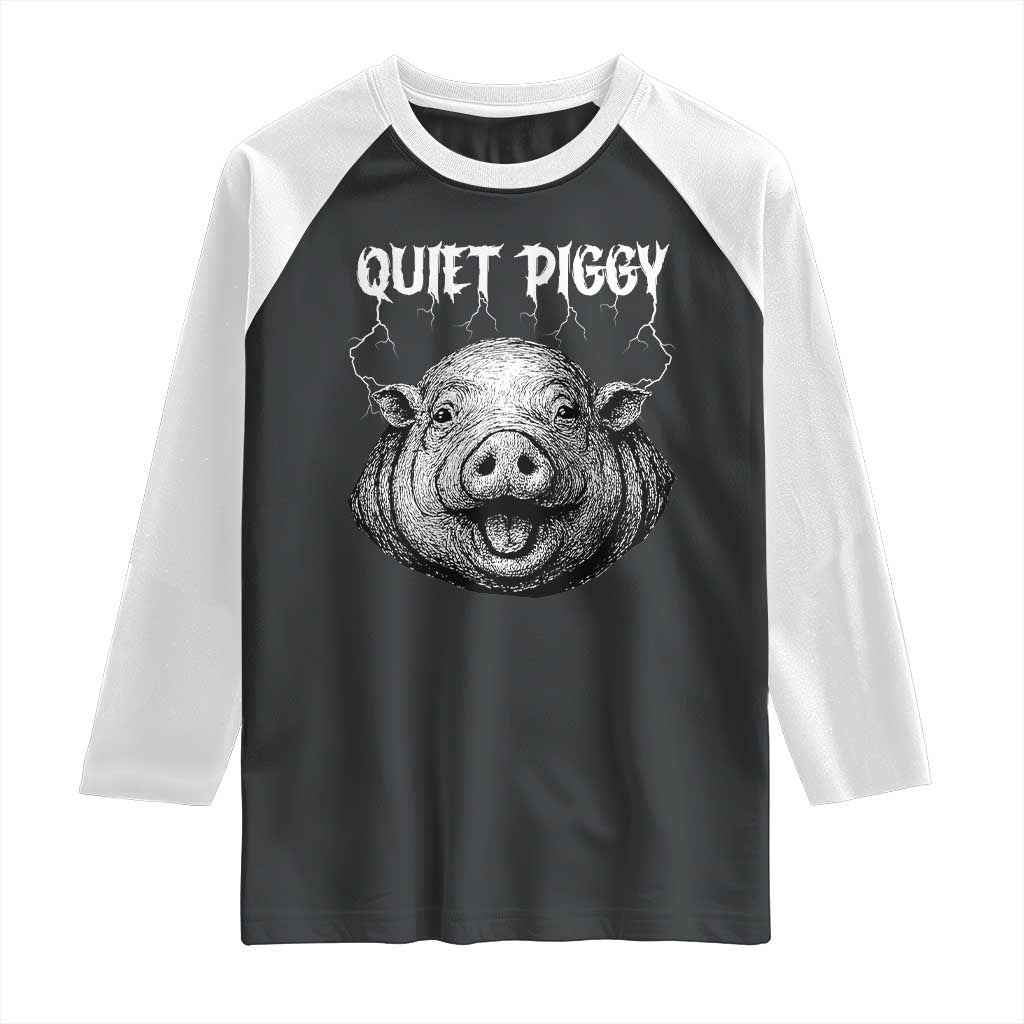 Quiet Piggy Metal Style Raglan Shirt Dark Humor Pig Political Satire Humor Rock Aesthetic - Wonder Print Shop