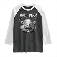 Quiet Piggy Metal Style Raglan Shirt Dark Humor Pig Political Satire Humor Rock Aesthetic - Wonder Print Shop