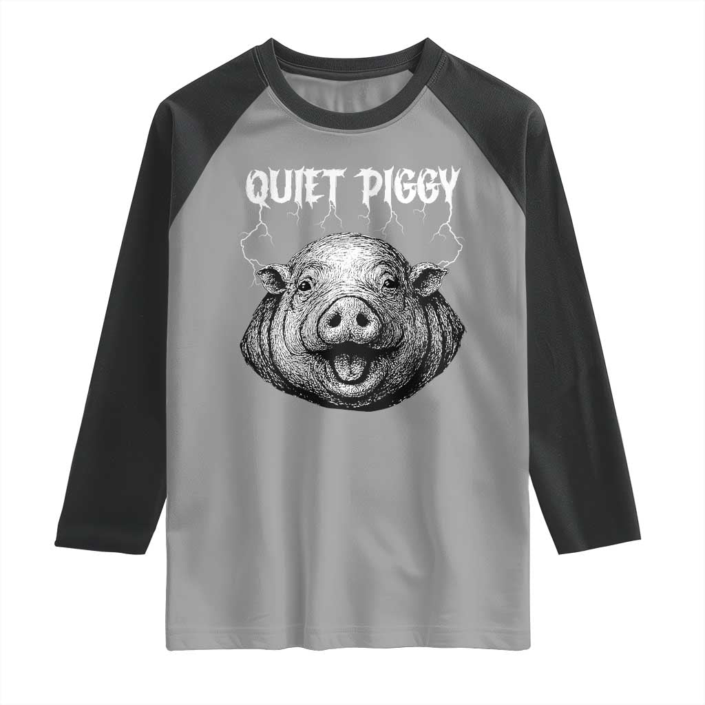 Quiet Piggy Metal Style Raglan Shirt Dark Humor Pig Political Satire Humor Rock Aesthetic - Wonder Print Shop