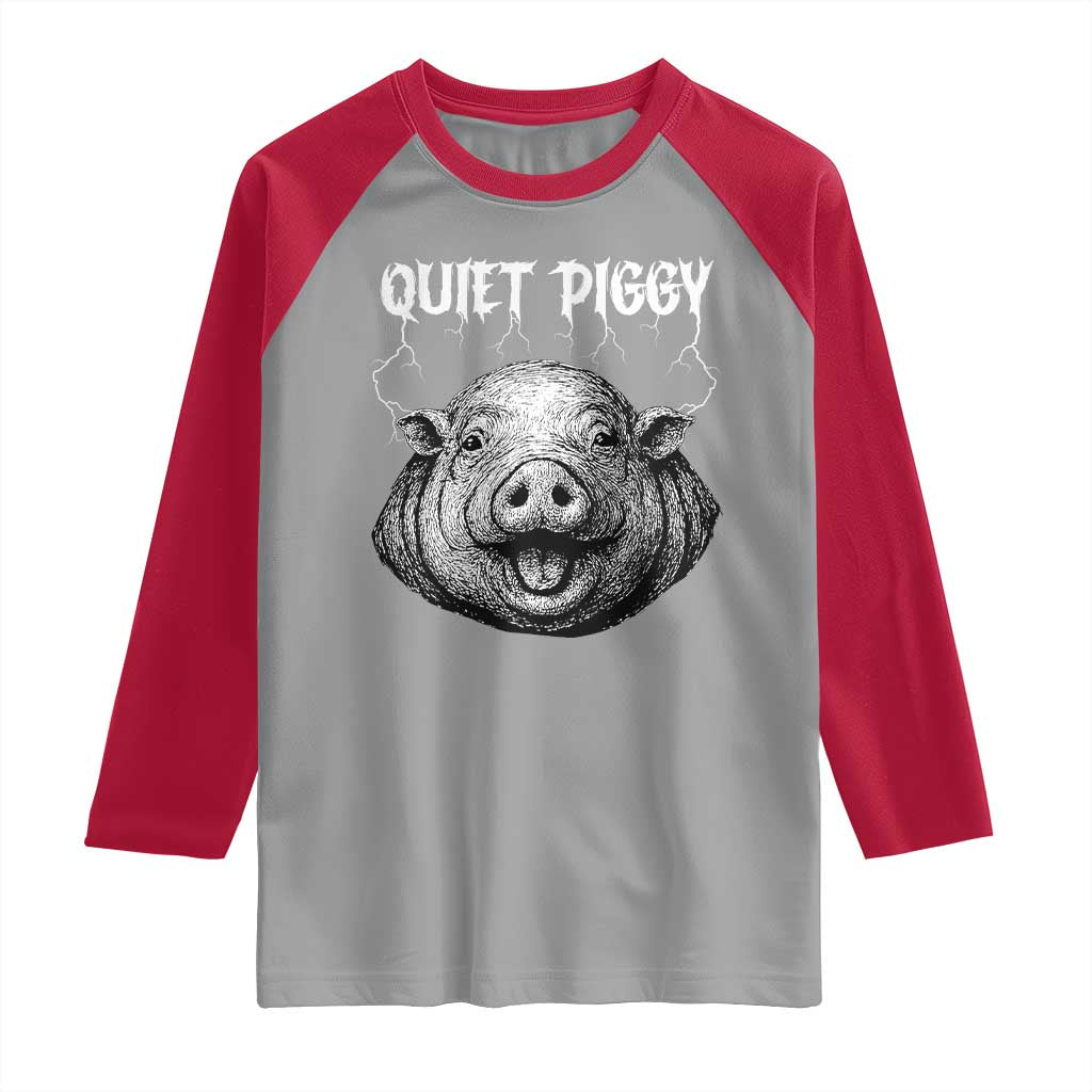 Quiet Piggy Metal Style Raglan Shirt Dark Humor Pig Political Satire Humor Rock Aesthetic - Wonder Print Shop