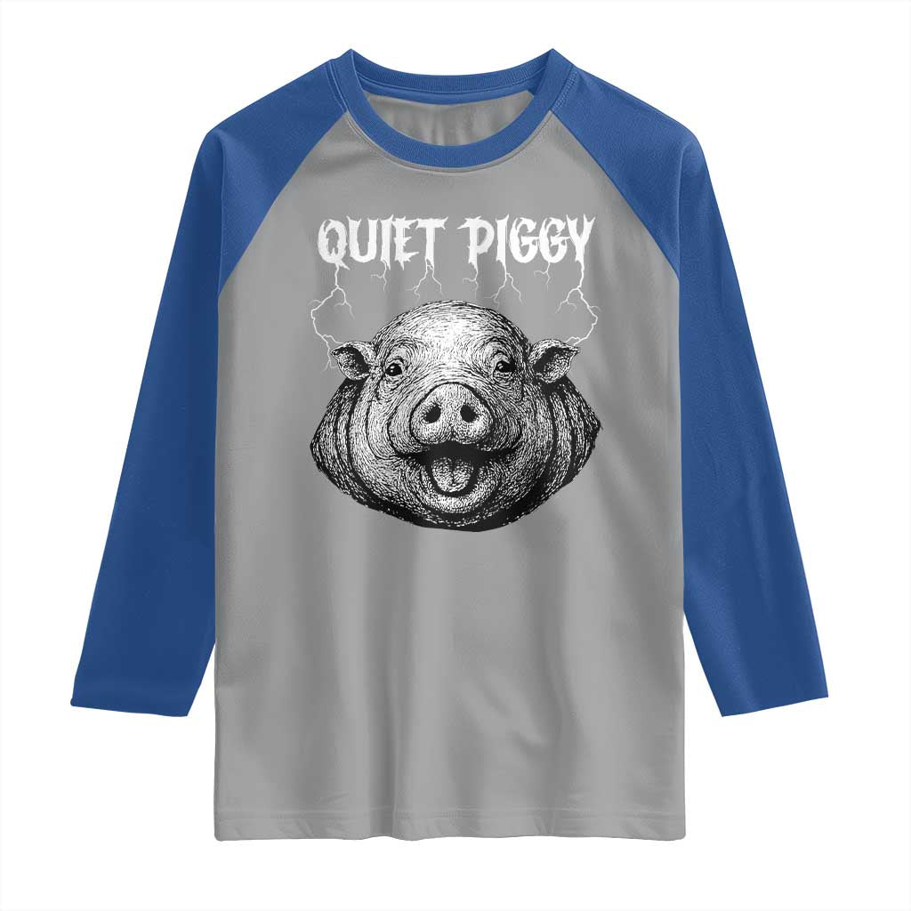 Quiet Piggy Metal Style Raglan Shirt Dark Humor Pig Political Satire Humor Rock Aesthetic - Wonder Print Shop