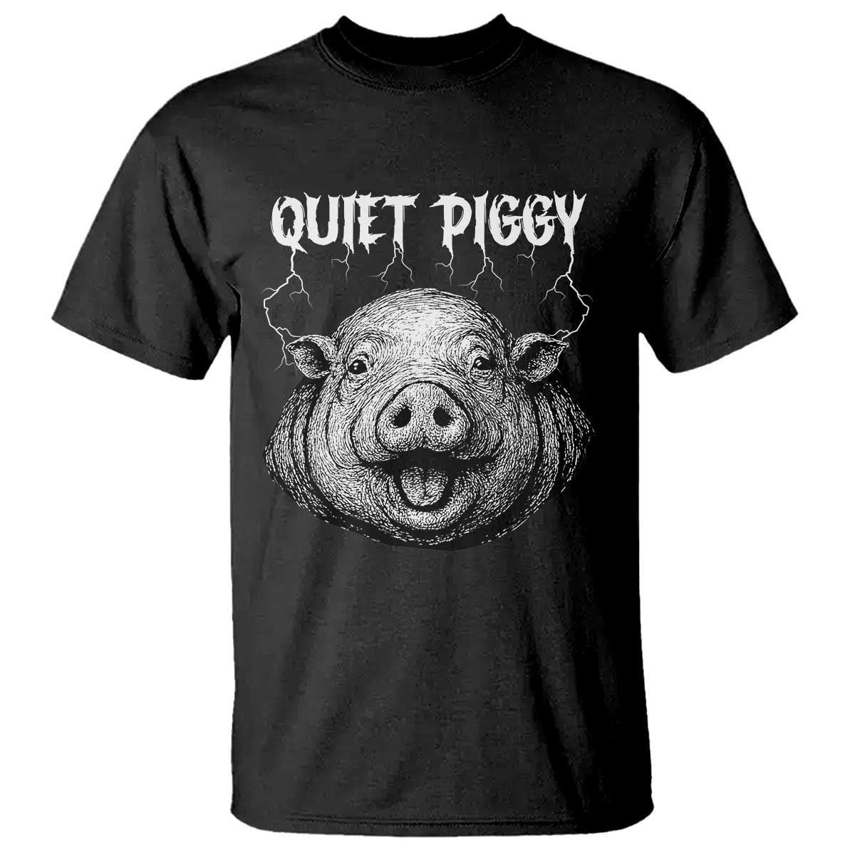 Quiet Piggy Metal Style T Shirt Dark Humor Pig Political Satire Humor Rock Aesthetic - Wonder Print Shop