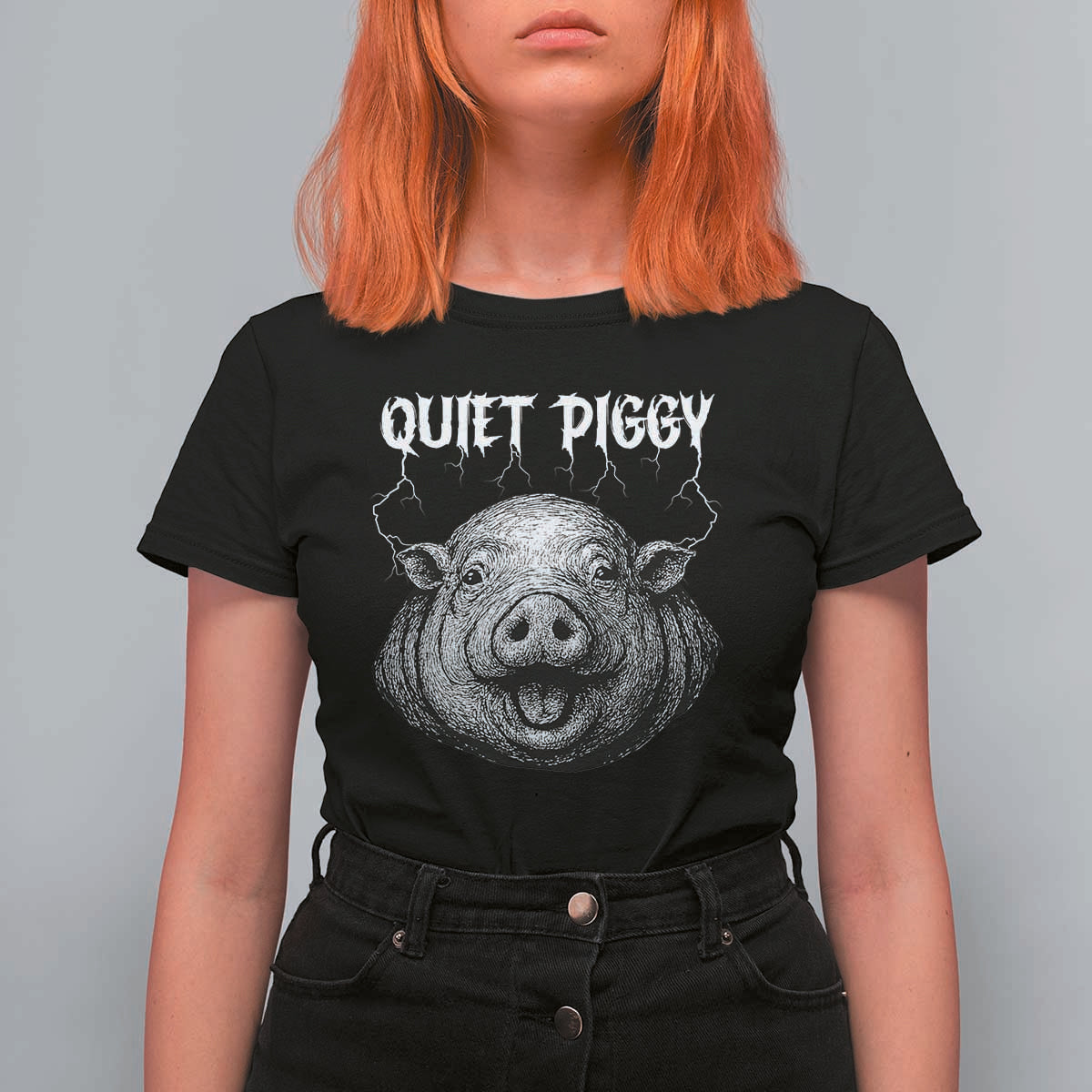 Quiet Piggy Metal Style T Shirt For Women Dark Humor Pig Political Satire Humor Rock Aesthetic - Wonder Print Shop