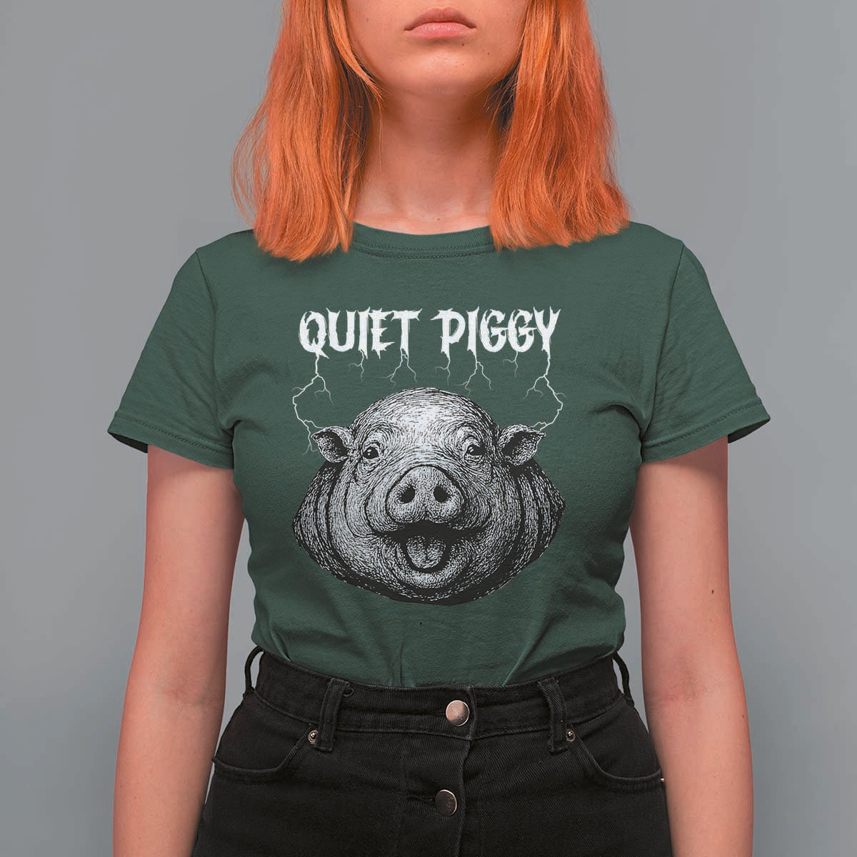 Quiet Piggy Metal Style T Shirt For Women Dark Humor Pig Political Satire Humor Rock Aesthetic - Wonder Print Shop