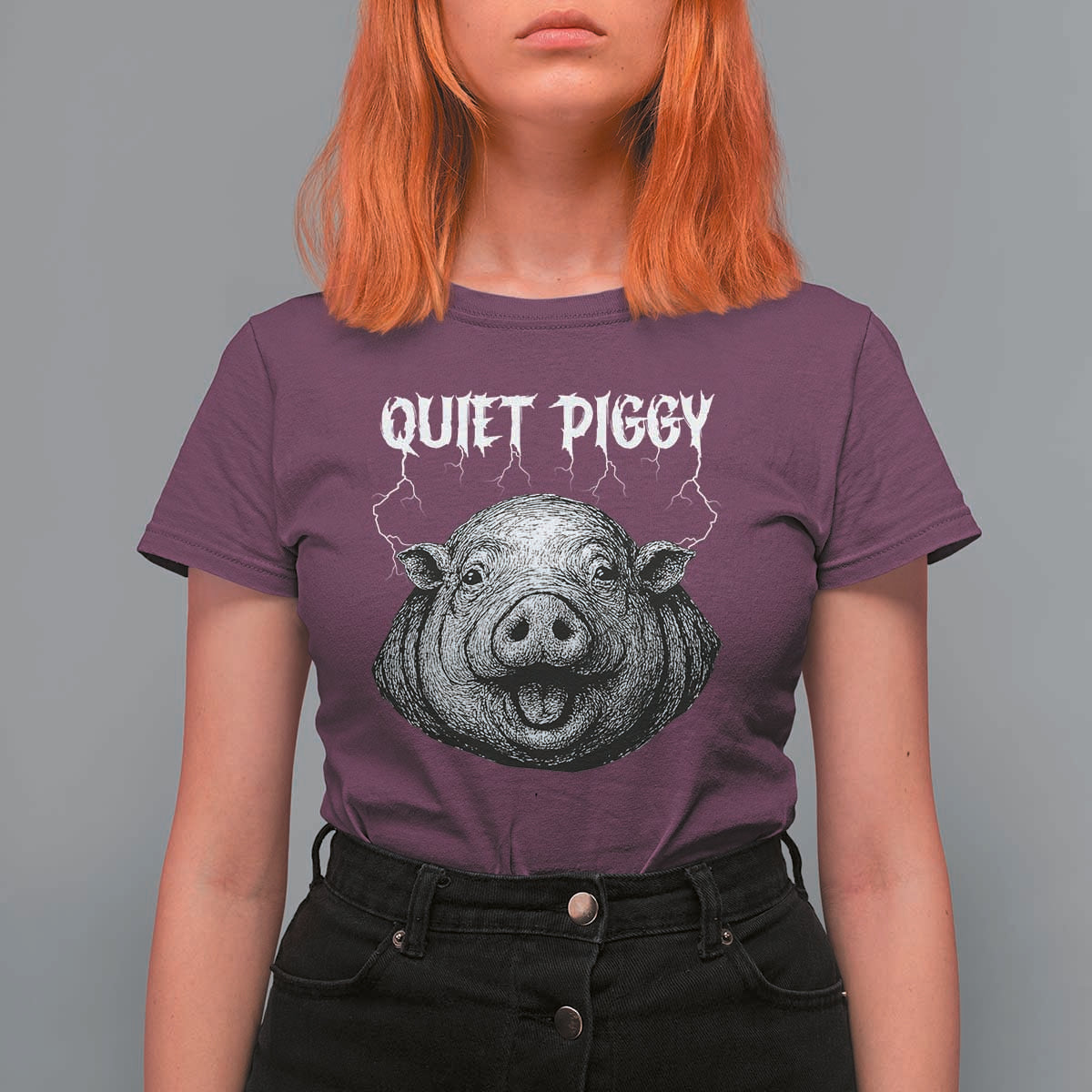 Quiet Piggy Metal Style T Shirt For Women Dark Humor Pig Political Satire Humor Rock Aesthetic - Wonder Print Shop