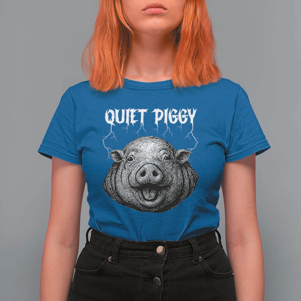 Quiet Piggy Metal Style T Shirt For Women Dark Humor Pig Political Satire Humor Rock Aesthetic - Wonder Print Shop