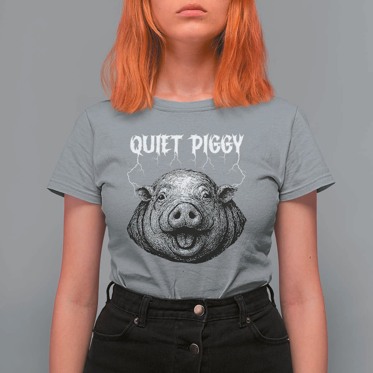 Quiet Piggy Metal Style T Shirt For Women Dark Humor Pig Political Satire Humor Rock Aesthetic - Wonder Print Shop