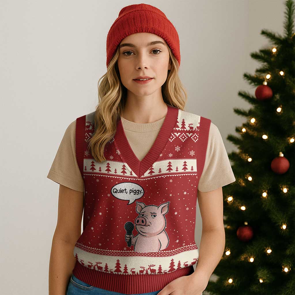 Quiet Piggy Funny Sarcastic Pig V-Neck Knit Sweater Vest Political Satire Humor Free Speech - Wonder Print Shop