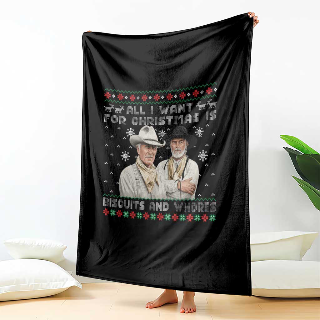Funny Western Christmas Cowboy Humor Throw Blanket All I Want for Christmas Is Biscuits and Whores - Wonder Print Shop