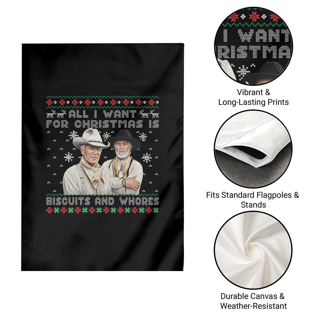 Funny Western Christmas Cowboy Humor Garden Flag All I Want for Christmas Is Biscuits and Whores - Wonder Print Shop