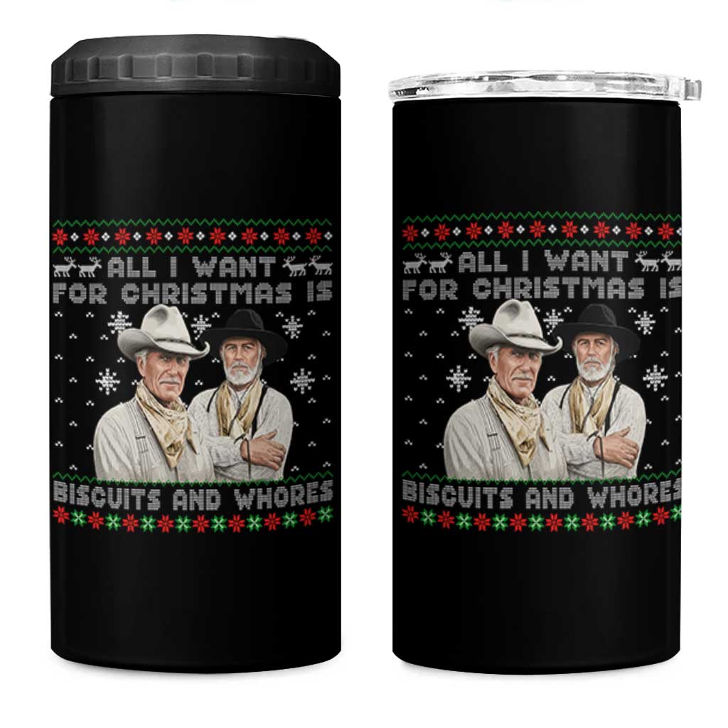 Funny Western Christmas Cowboy Humor 4 in 1 Can Cooler Tumbler All I Want for Christmas Is Biscuits and Whores - Wonder Print Shop