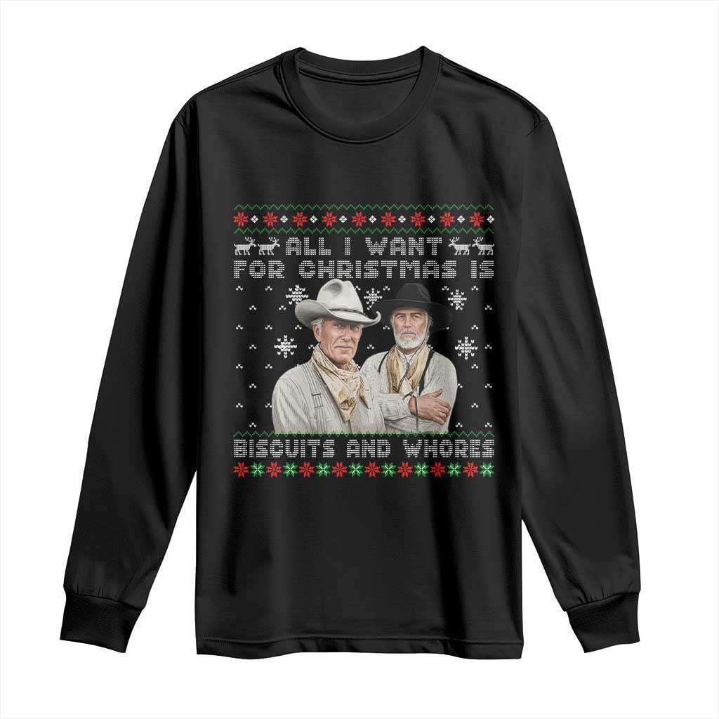 Funny Western Christmas Cowboy Humor Long Sleeve Shirt All I Want for Christmas Is Biscuits and Whores - Wonder Print Shop