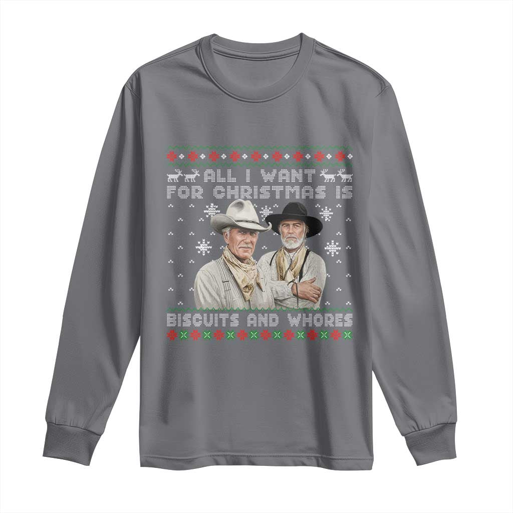 Funny Western Christmas Cowboy Humor Long Sleeve Shirt All I Want for Christmas Is Biscuits and Whores - Wonder Print Shop