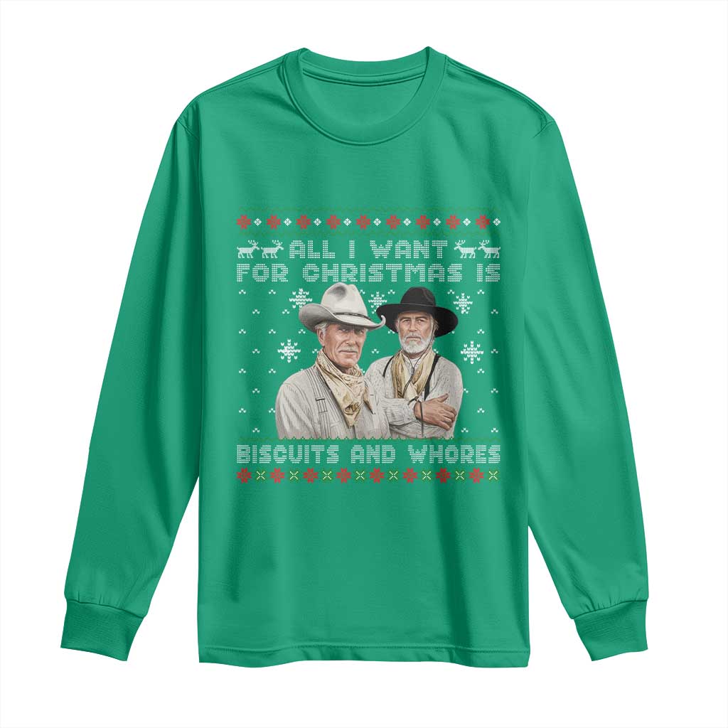 Funny Western Christmas Cowboy Humor Long Sleeve Shirt All I Want for Christmas Is Biscuits and Whores - Wonder Print Shop