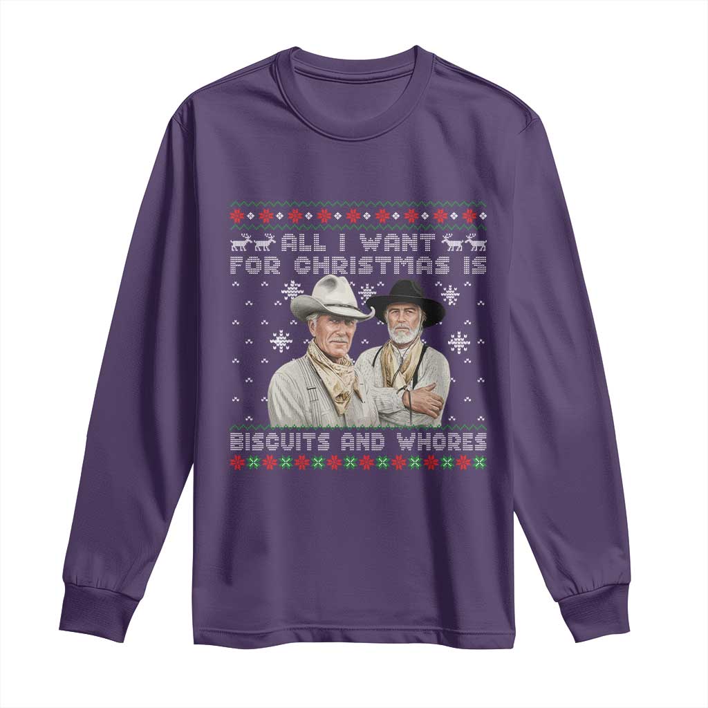 Funny Western Christmas Cowboy Humor Long Sleeve Shirt All I Want for Christmas Is Biscuits and Whores - Wonder Print Shop