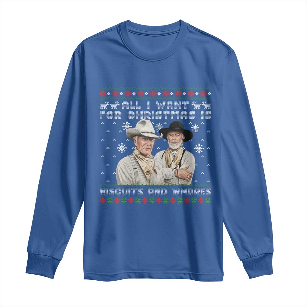 Funny Western Christmas Cowboy Humor Long Sleeve Shirt All I Want for Christmas Is Biscuits and Whores - Wonder Print Shop