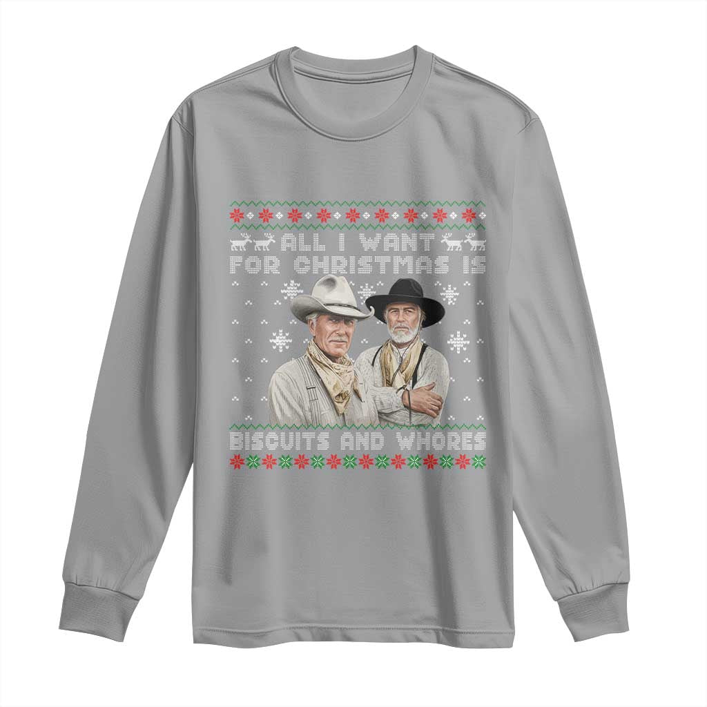 Funny Western Christmas Cowboy Humor Long Sleeve Shirt All I Want for Christmas Is Biscuits and Whores - Wonder Print Shop