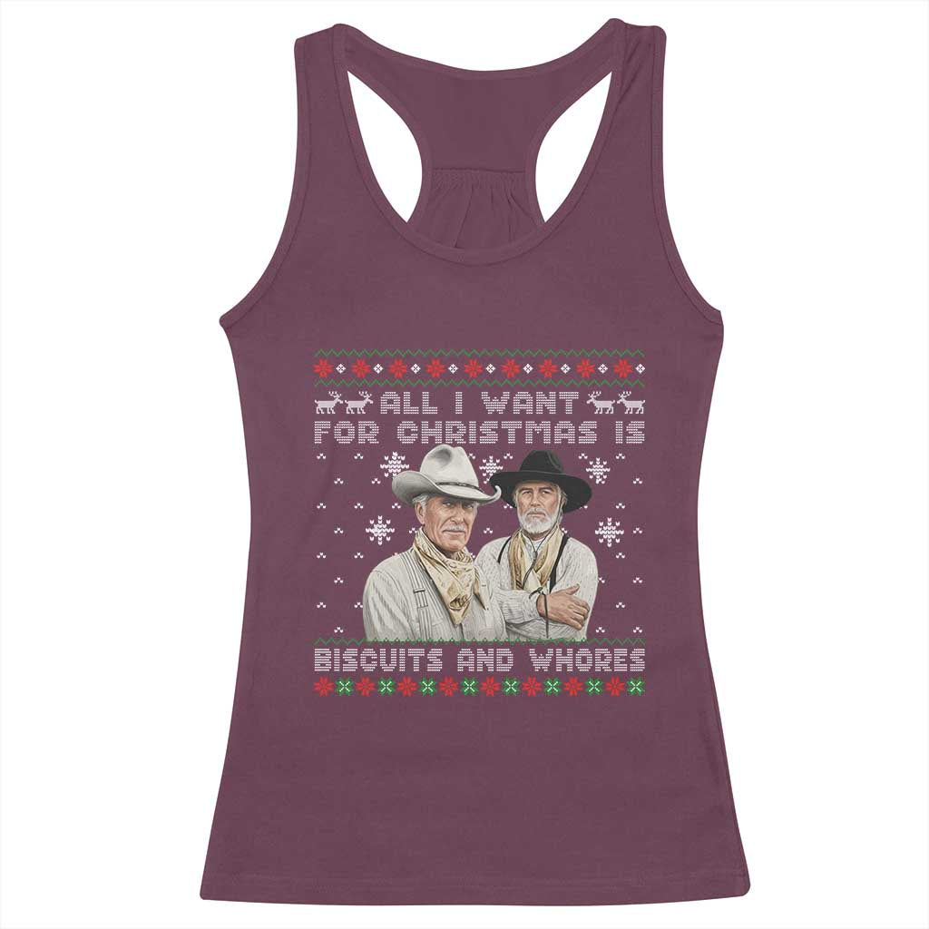 Funny Western Christmas Cowboy Humor Racerback Tank Top All I Want for Christmas Is Biscuits and Whores - Wonder Print Shop