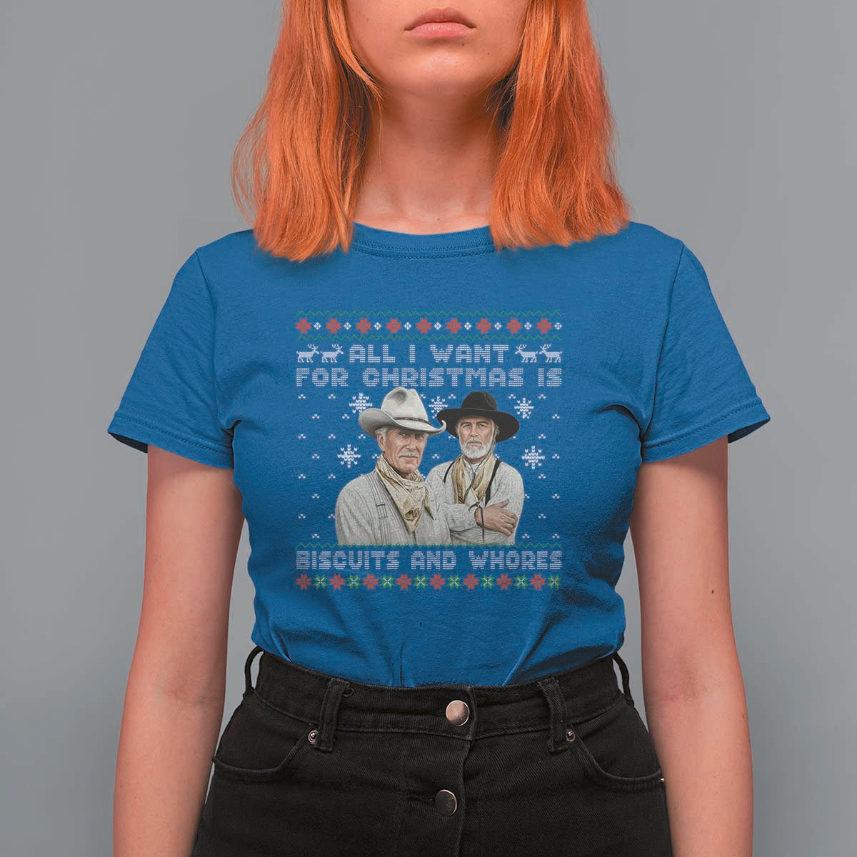 Funny Western Christmas Cowboy Humor T Shirt For Women All I Want for Christmas Is Biscuits and Whores - Wonder Print Shop