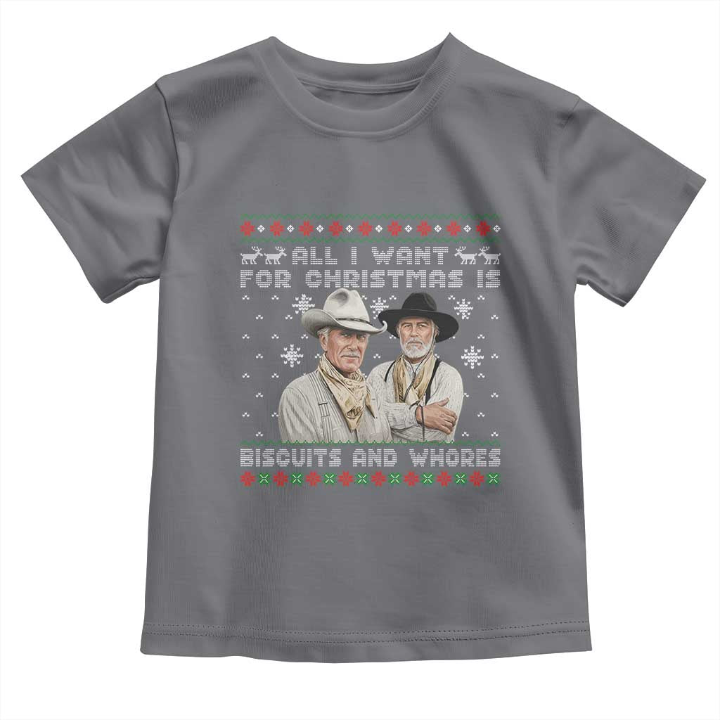 Funny Western Christmas Cowboy Humor Toddler T Shirt All I Want for Christmas Is Biscuits and Whores - Wonder Print Shop