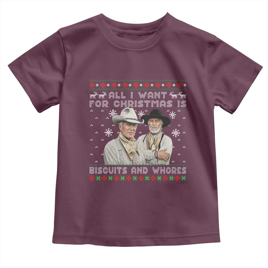 Funny Western Christmas Cowboy Humor Toddler T Shirt All I Want for Christmas Is Biscuits and Whores - Wonder Print Shop