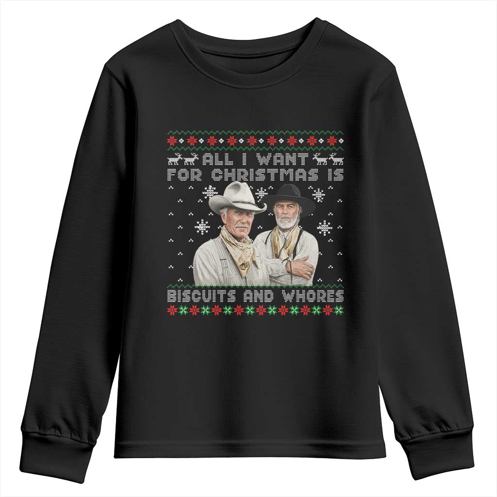 Funny Western Christmas Cowboy Humor Youth Sweatshirt All I Want for Christmas Is Biscuits and Whores - Wonder Print Shop