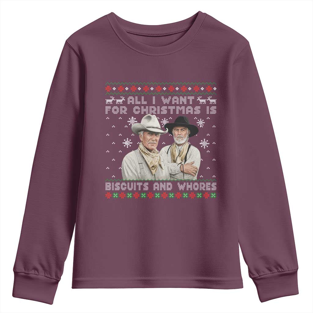 Funny Western Christmas Cowboy Humor Youth Sweatshirt All I Want for Christmas Is Biscuits and Whores - Wonder Print Shop