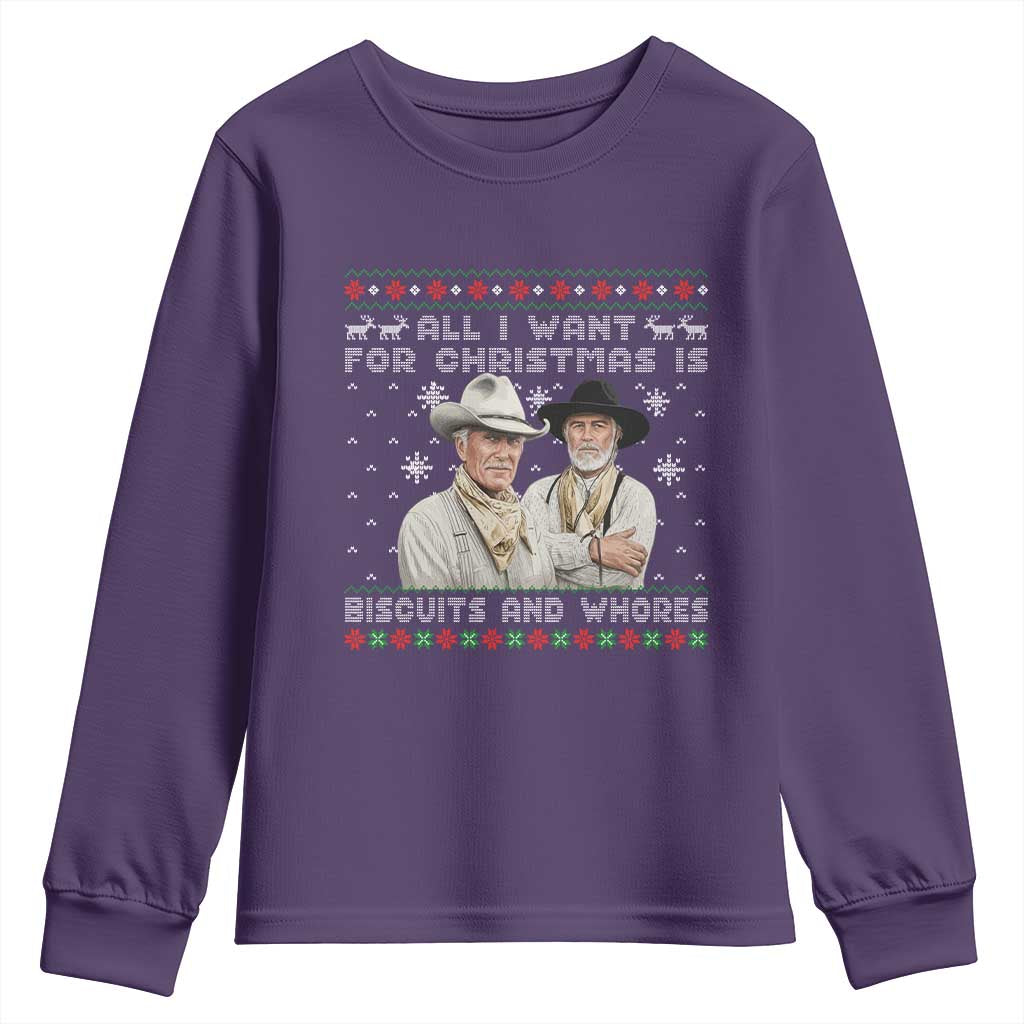 Funny Western Christmas Cowboy Humor Youth Sweatshirt All I Want for Christmas Is Biscuits and Whores - Wonder Print Shop