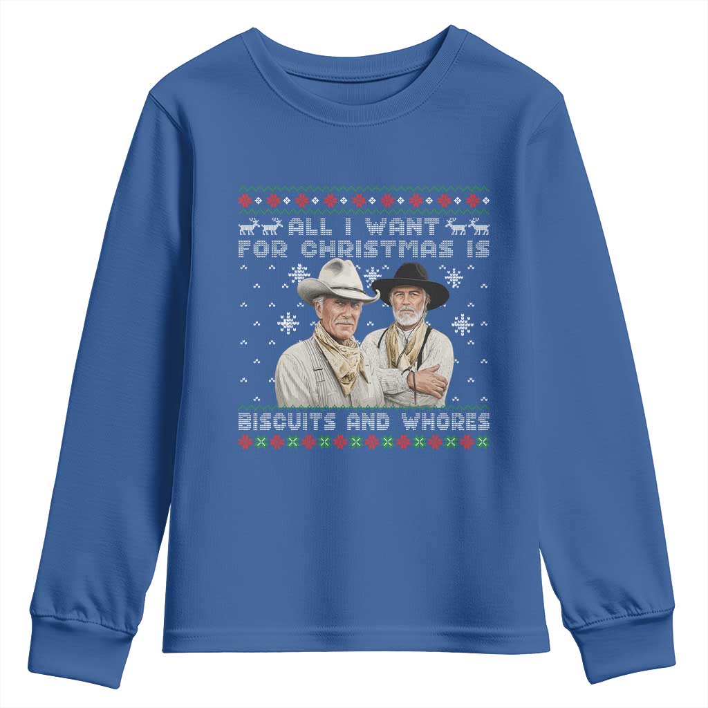 Funny Western Christmas Cowboy Humor Youth Sweatshirt All I Want for Christmas Is Biscuits and Whores - Wonder Print Shop