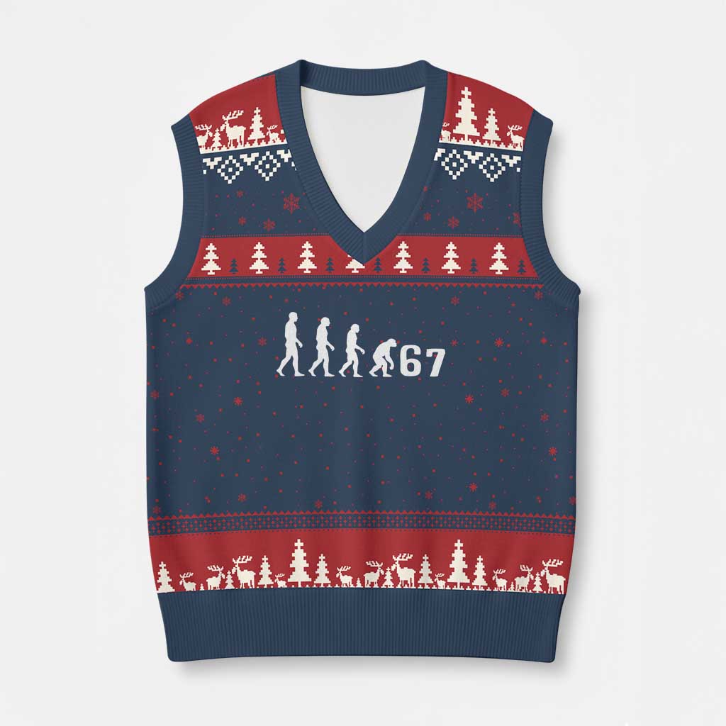 Funny 67 Reverse Evolution V-Neck Knit Sweater Vest Sarcastic Six Seven Meme - Wonder Print Shop
