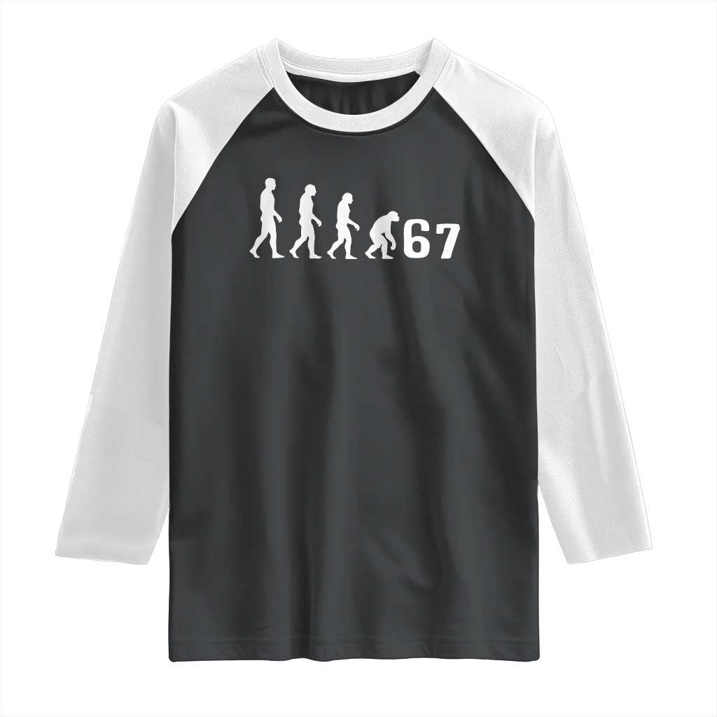 Funny 67 Reverse Evolution Raglan Shirt Sarcastic Six Seven Meme - Wonder Print Shop
