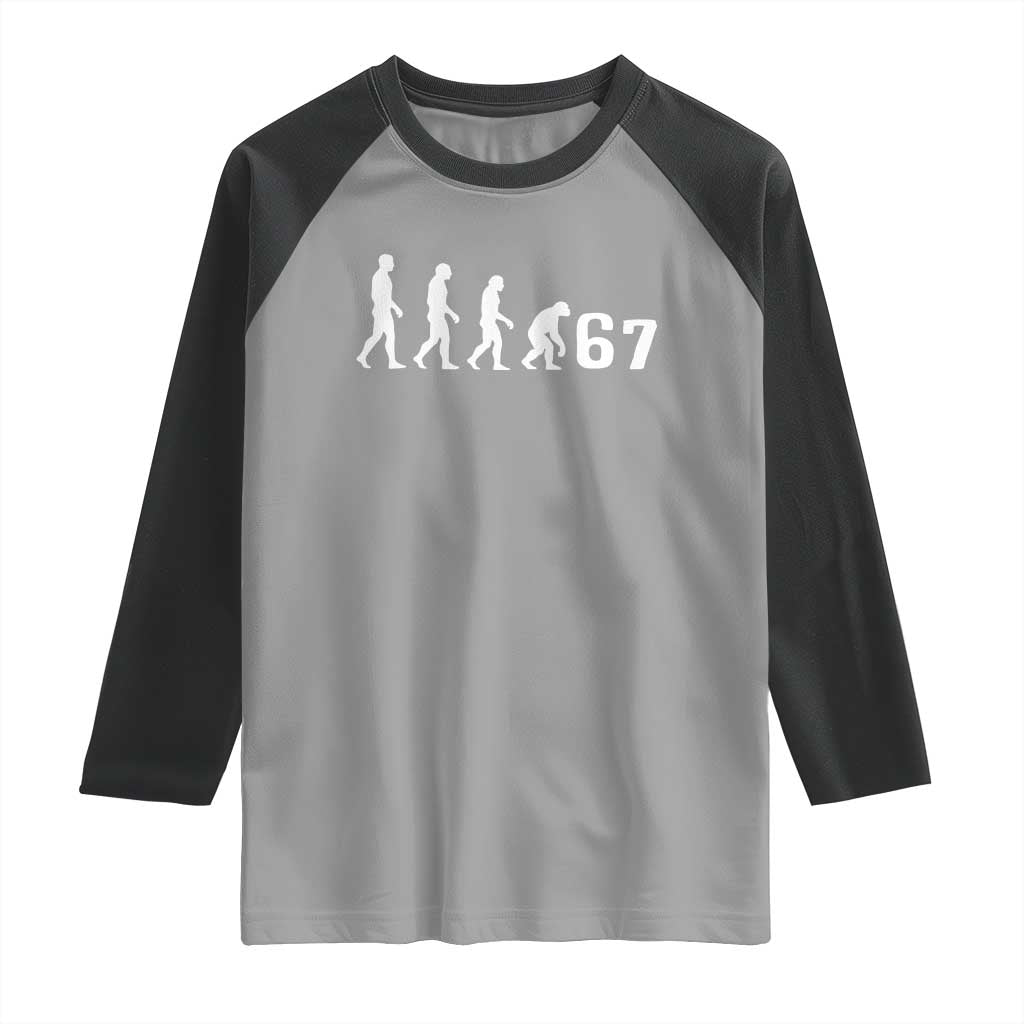 Funny 67 Reverse Evolution Raglan Shirt Sarcastic Six Seven Meme - Wonder Print Shop