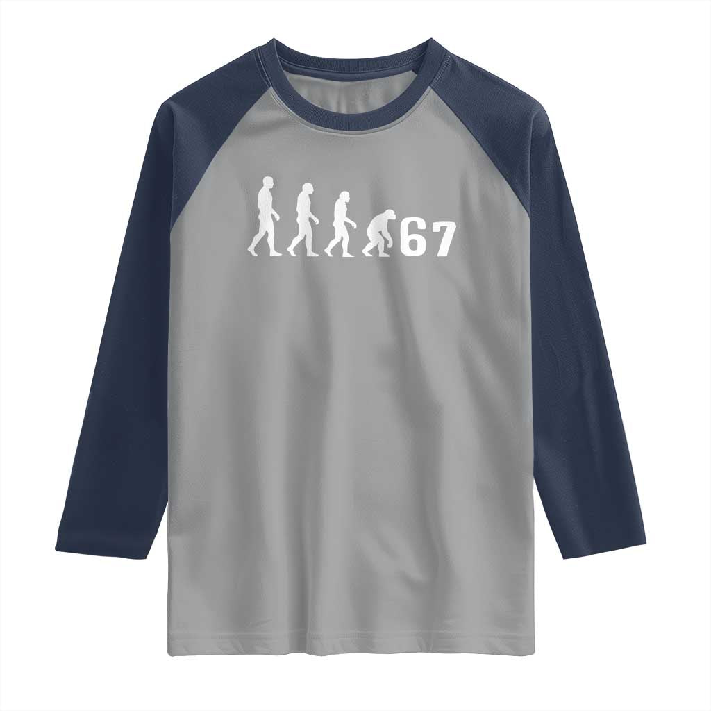 Funny 67 Reverse Evolution Raglan Shirt Sarcastic Six Seven Meme - Wonder Print Shop