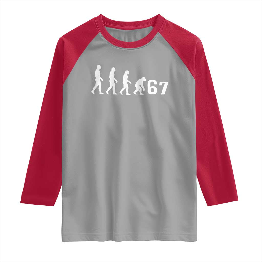Funny 67 Reverse Evolution Raglan Shirt Sarcastic Six Seven Meme - Wonder Print Shop