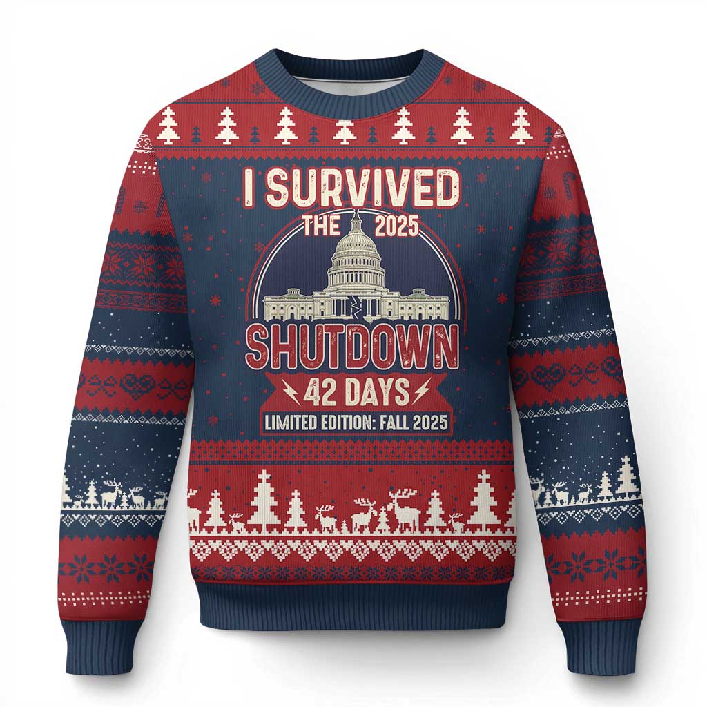 I Survived the 2025 Shutdown Ugly Christmas Sweater Funny Government Closure Parody Political Humor - Wonder Print Shop